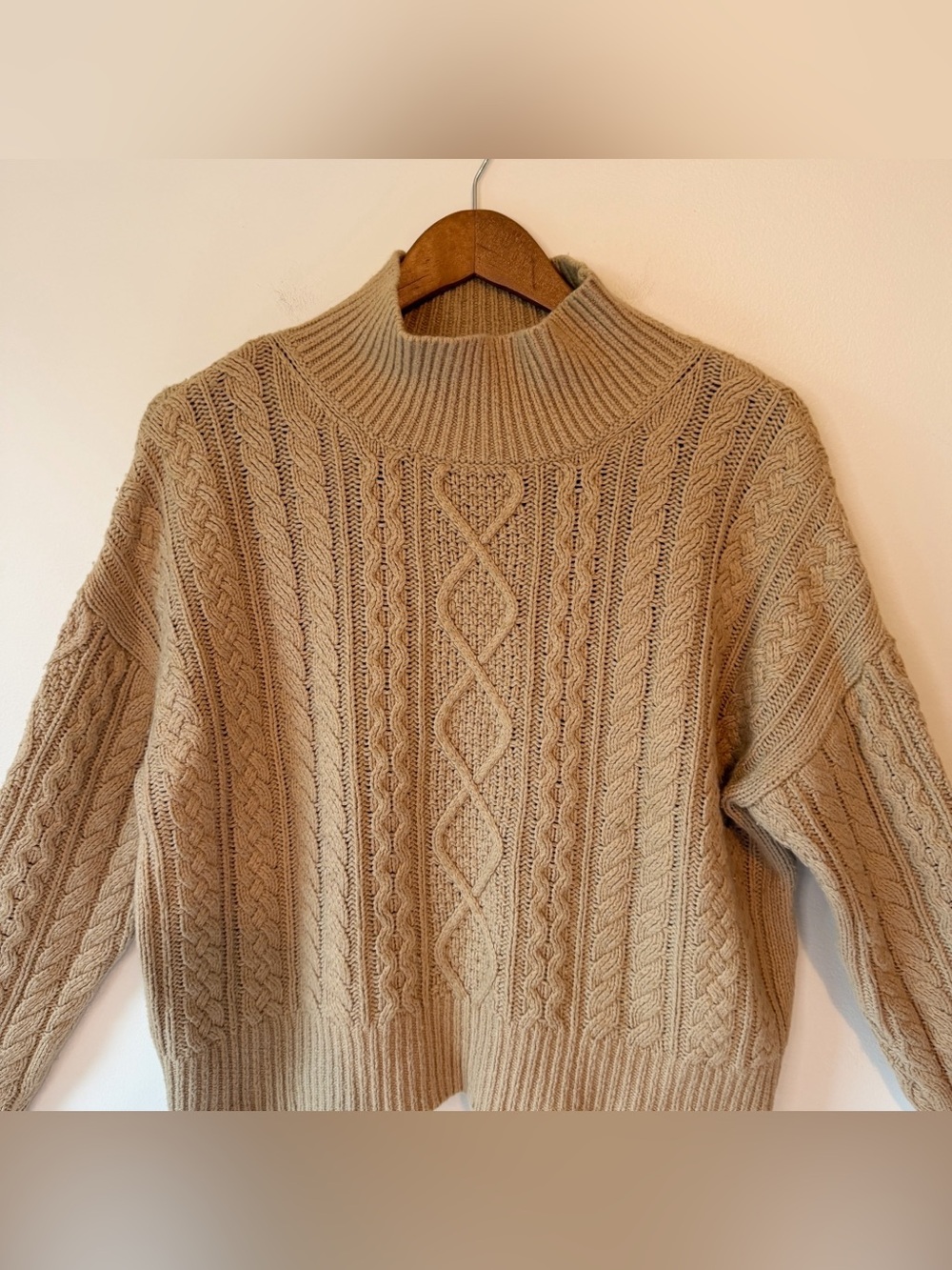 Banana Republic Tan Cable Knit Mock Turtleneck Fisherman Sweater, size Medium - Picture 7 of 16